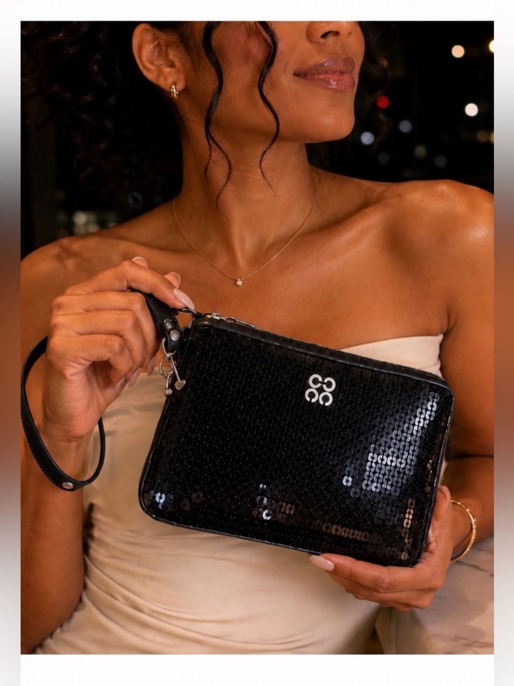 Coach Black Sequin Mini Wristlet Silver Logo Zip Clutch Evening Bag